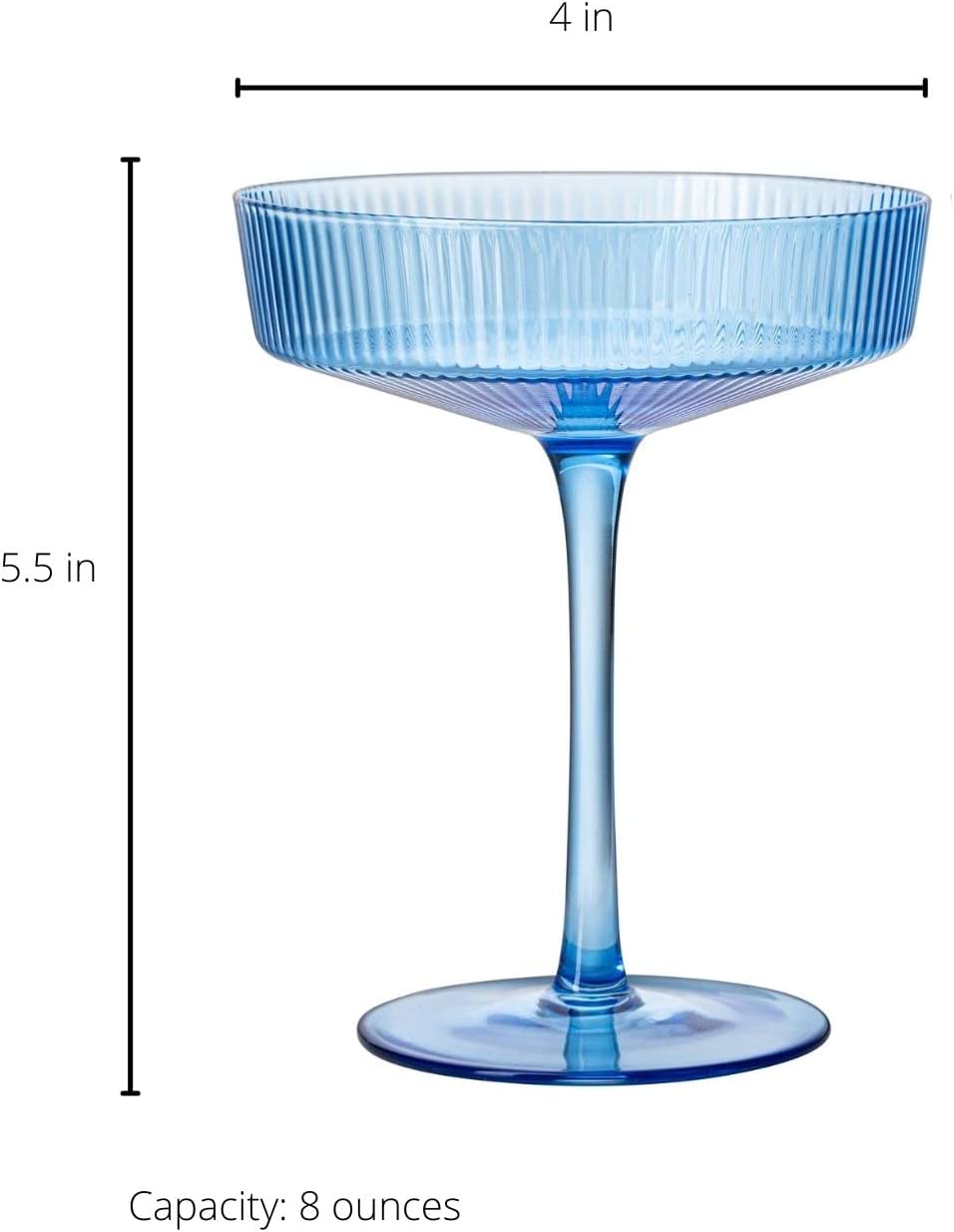 Ribbed Coupe Cocktail Glasses 8 oz | Set of 2 | Classic Manhattan Glasses For Cocktails, Champagne Coupe, Ripple Coupe Glasses, Art Deco Gatsby Vintage, Crystal with Stems (Blue, Set of 2) by The Wine Savant