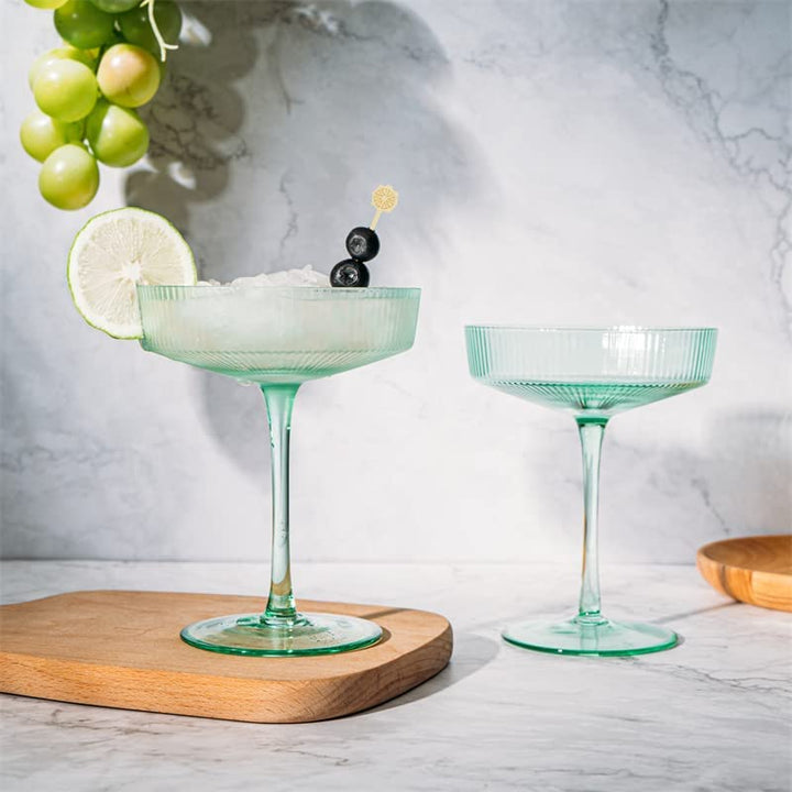 Ribbed Coupe Cocktail Glasses 8 oz | Set of 2 (Green)