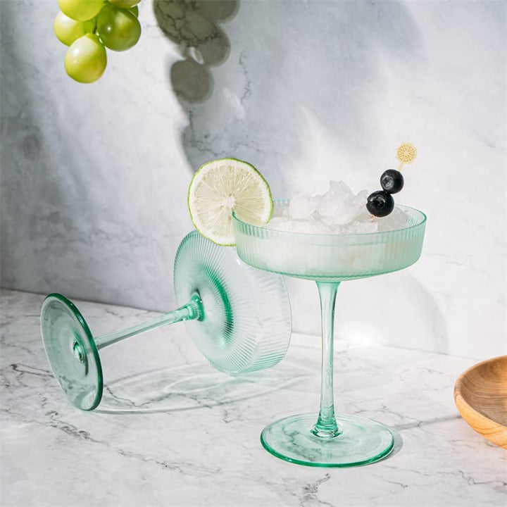 Ribbed Coupe Cocktail Glasses 8 oz | Set of 2 (Green)