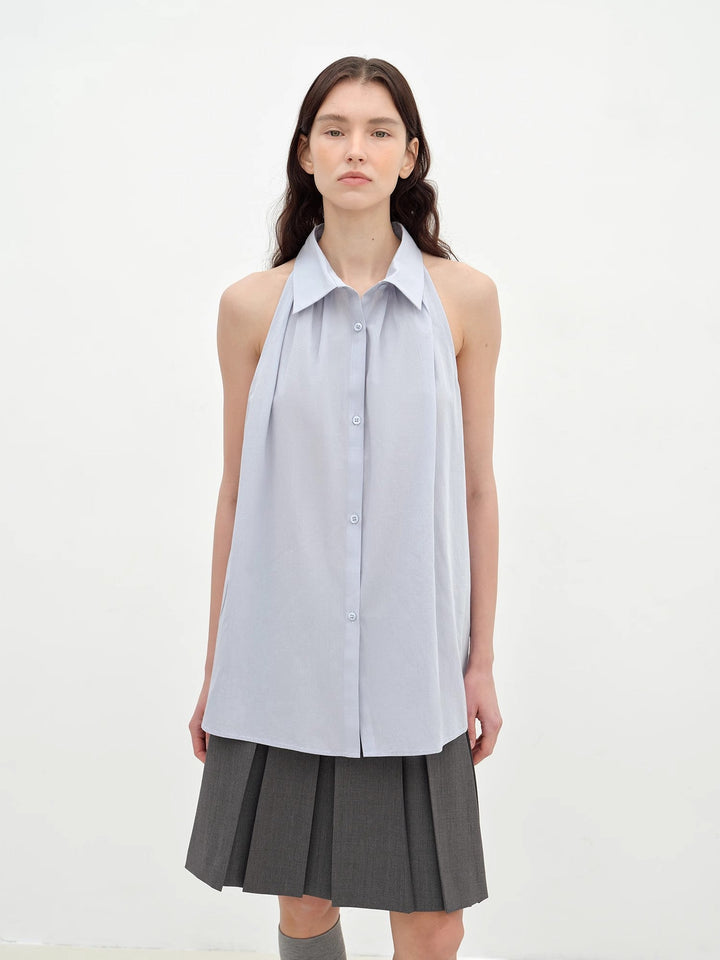 "Poland Island" imported pure cotton stand-up collar sleeveless striped shirt temperament top for women by Firelady Fur
