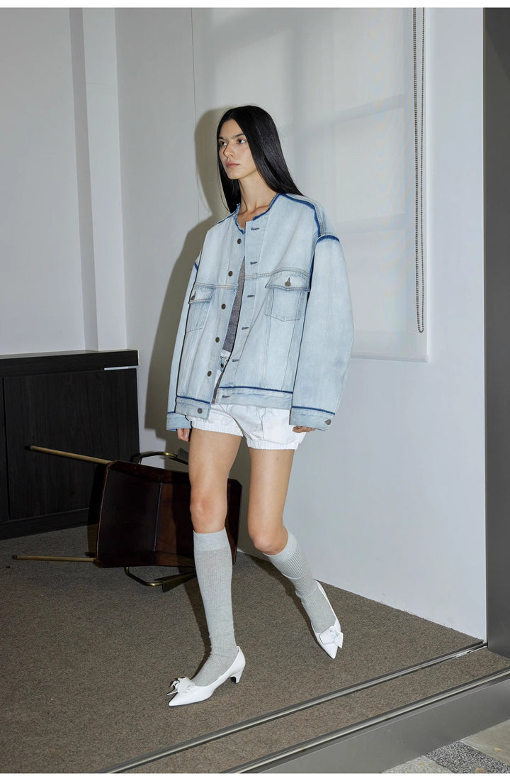 "Starry Sky Market" luxury brand classic washed cotton collarless raw edge denim jacket by Firelady Fur