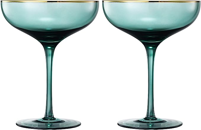 Colored Green & Gilded Rim Wine Glassware, Large 9oz (Coupe)