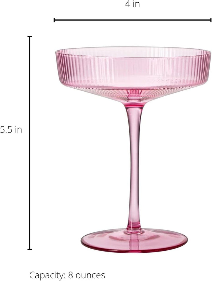 The Wine Savant Ribbed Coupe Cocktail Glasses 8 oz | Set of 2 | Classic Manhattan Glasses For Cocktails, Champagne Coupe, Ripple Coupe Glasses, Art Deco Gatsby Vintage, Crystal with Stems (Rose Pink) by The Wine Savant