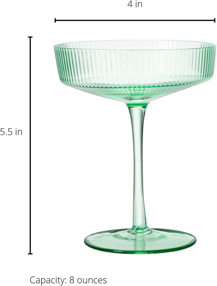 Ribbed Coupe Cocktail Glasses 8 oz | Set of 2 (Green)