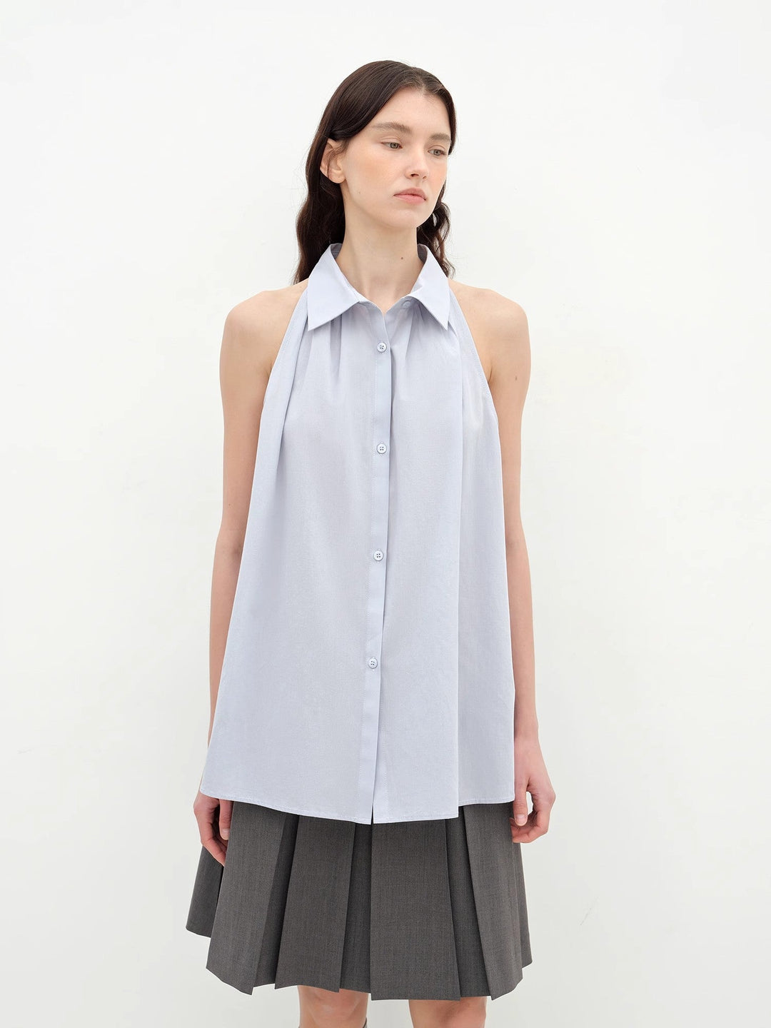 "Poland Island" imported pure cotton stand-up collar sleeveless striped shirt temperament top for women by Firelady Fur