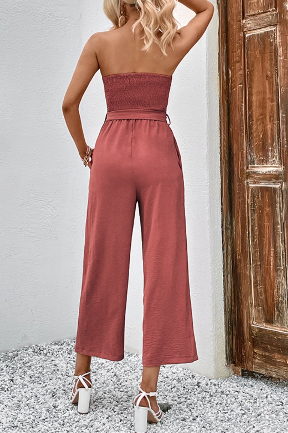 Decorative Button Strapless Smocked Jumpsuit with Pockets by Coco Charli