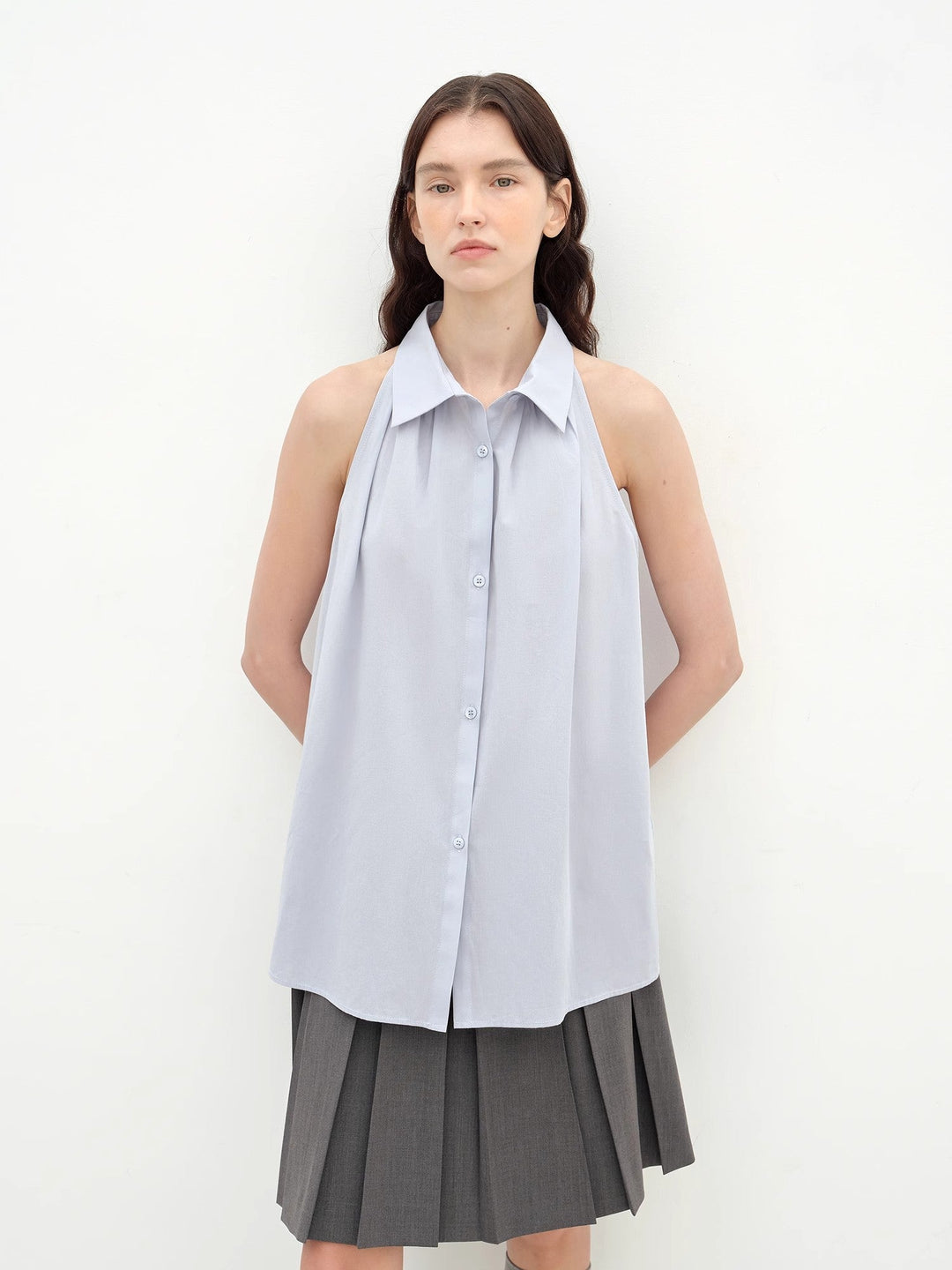 "Poland Island" imported pure cotton stand-up collar sleeveless striped shirt temperament top for women by Firelady Fur