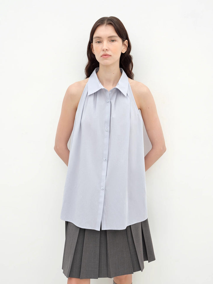 "Poland Island" imported pure cotton stand-up collar sleeveless striped shirt temperament top for women by Firelady Fur