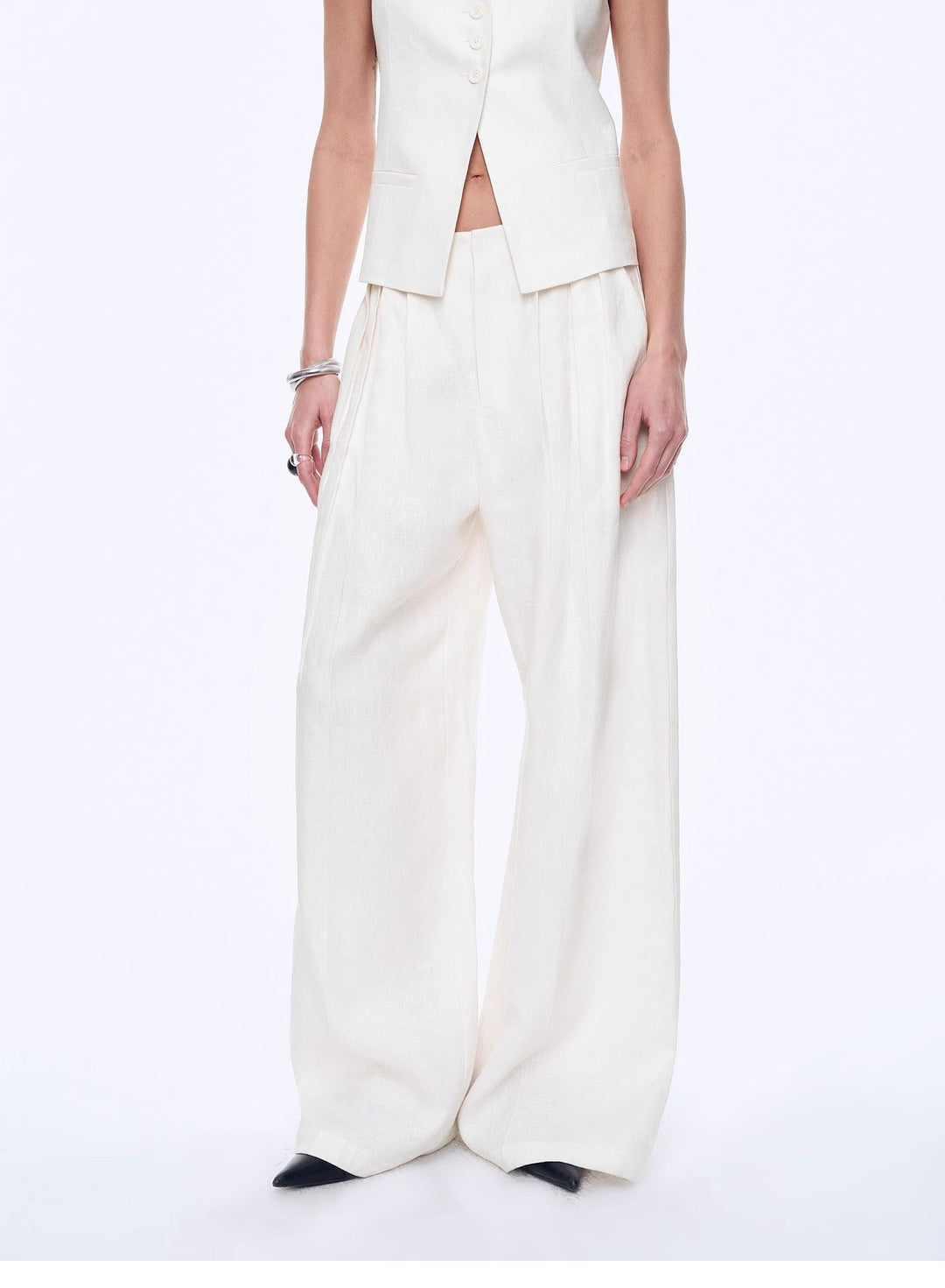 Fireladyfur Women's Linen Suit Set: Draped Vest & High-Waist Straight Trousers"Old Money Space" by Firelady Fur