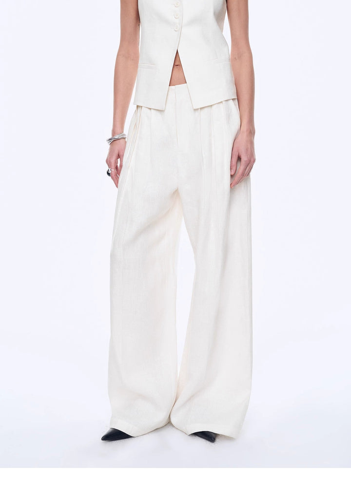 Fireladyfur Women's Linen Suit Set: Draped Vest & High-Waist Straight Trousers"Old Money Space" by Firelady Fur