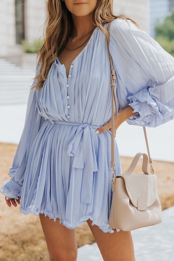Irene Pleated Ruffled Tie Waist Buttons V Neck Romper by Threaded Pear
