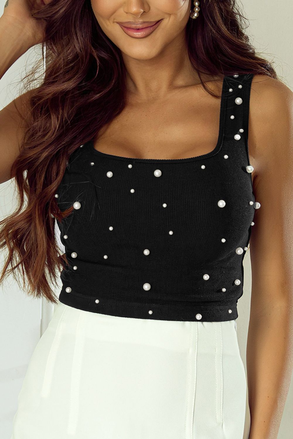 Pearl Detail Square Neck Tank by Coco Charli