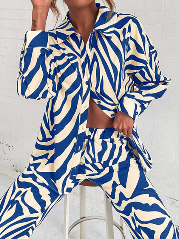 Zebra-Stripe Plus Size Lapel Blouses Top + Pants Bottom Two Pieces Set by migunica