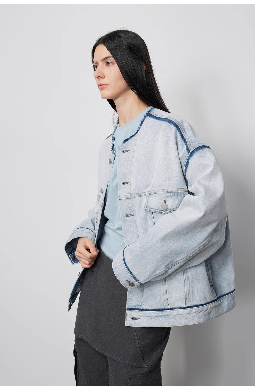 "Starry Sky Market" luxury brand classic washed cotton collarless raw edge denim jacket by Firelady Fur