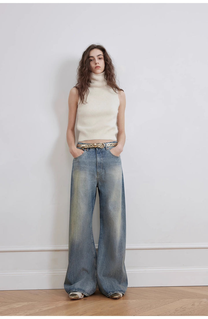 "Magic Dream" Retro Modern Washed Chicken Claw Wrinkled Jeans Women's Spacious Straight Wide Leg Pants by Firelady Fur