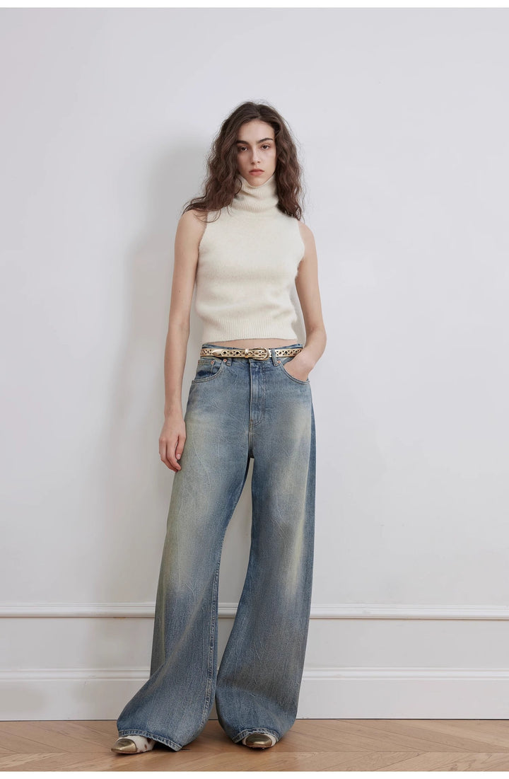 "Magic Dream" Retro Modern Washed Chicken Claw Wrinkled Jeans Women's Spacious Straight Wide Leg Pants by Firelady Fur