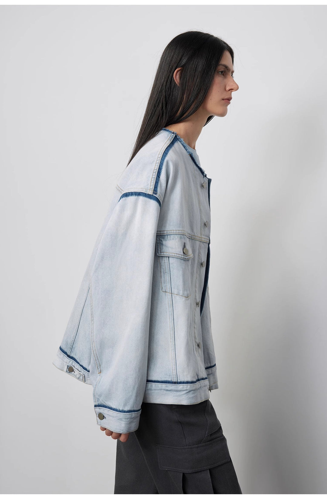 "Starry Sky Market" luxury brand classic washed cotton collarless raw edge denim jacket by Firelady Fur