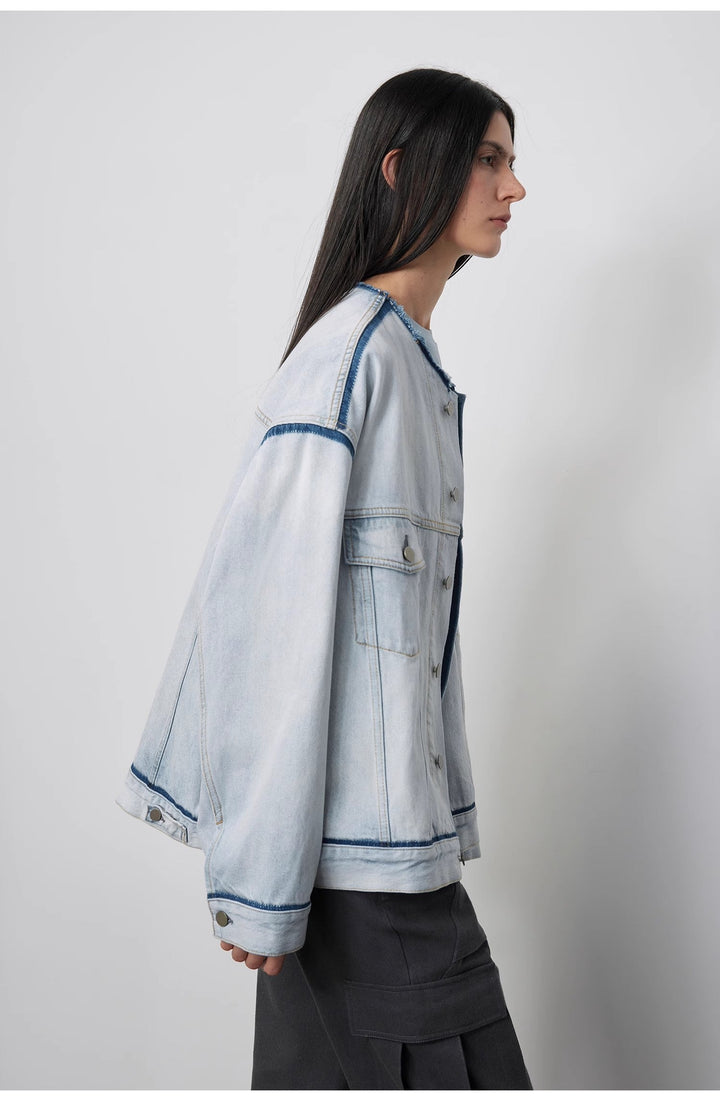 "Starry Sky Market" luxury brand classic washed cotton collarless raw edge denim jacket by Firelady Fur