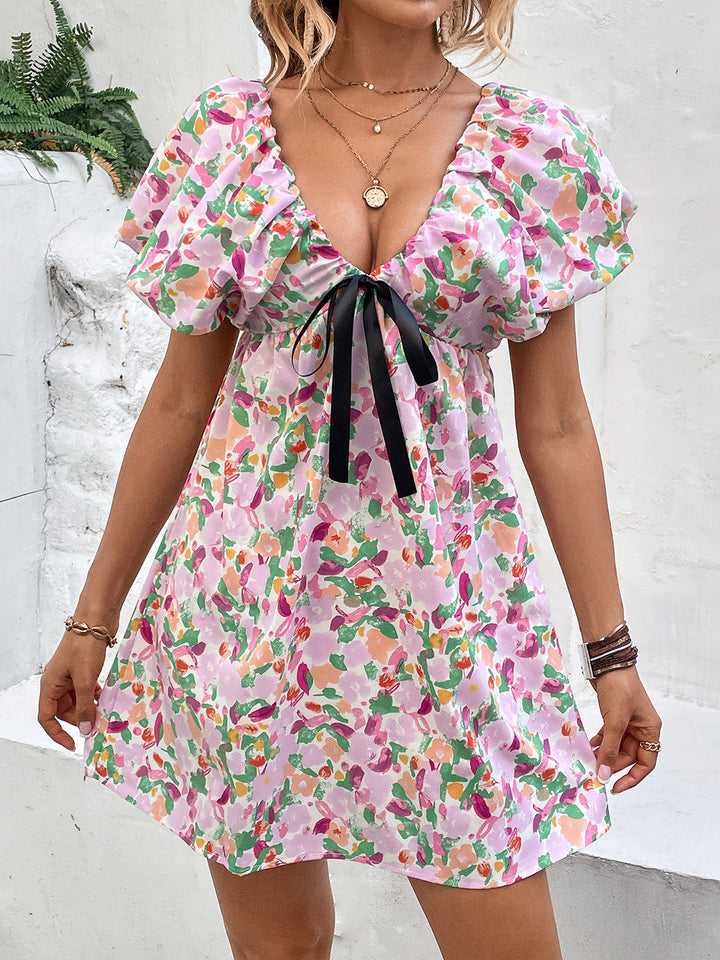 Printed V-Neck Puff Sleeve Mini Dress by Coco Charli