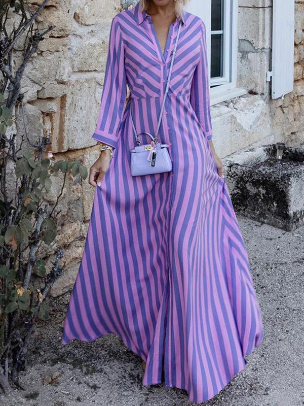 Stylish Long Sleeves Striped Lapel Collar Maxi Dresses by migunica