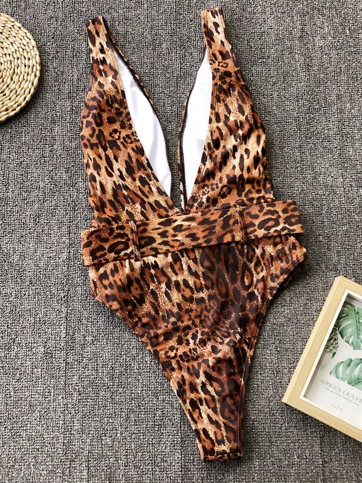 Leopard Plunge Wide Strap Sleeveless One-Piece Swimwear by Coco Charli