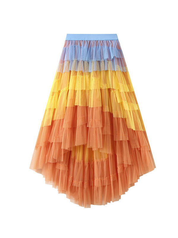 A-Line High-Low Contrast Color Elasticity Gauze Gradient Pleated Split-Joint Tiered Skirts by migunica