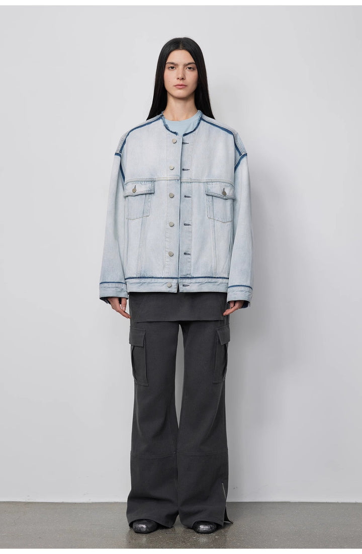 "Starry Sky Market" luxury brand classic washed cotton collarless raw edge denim jacket by Firelady Fur