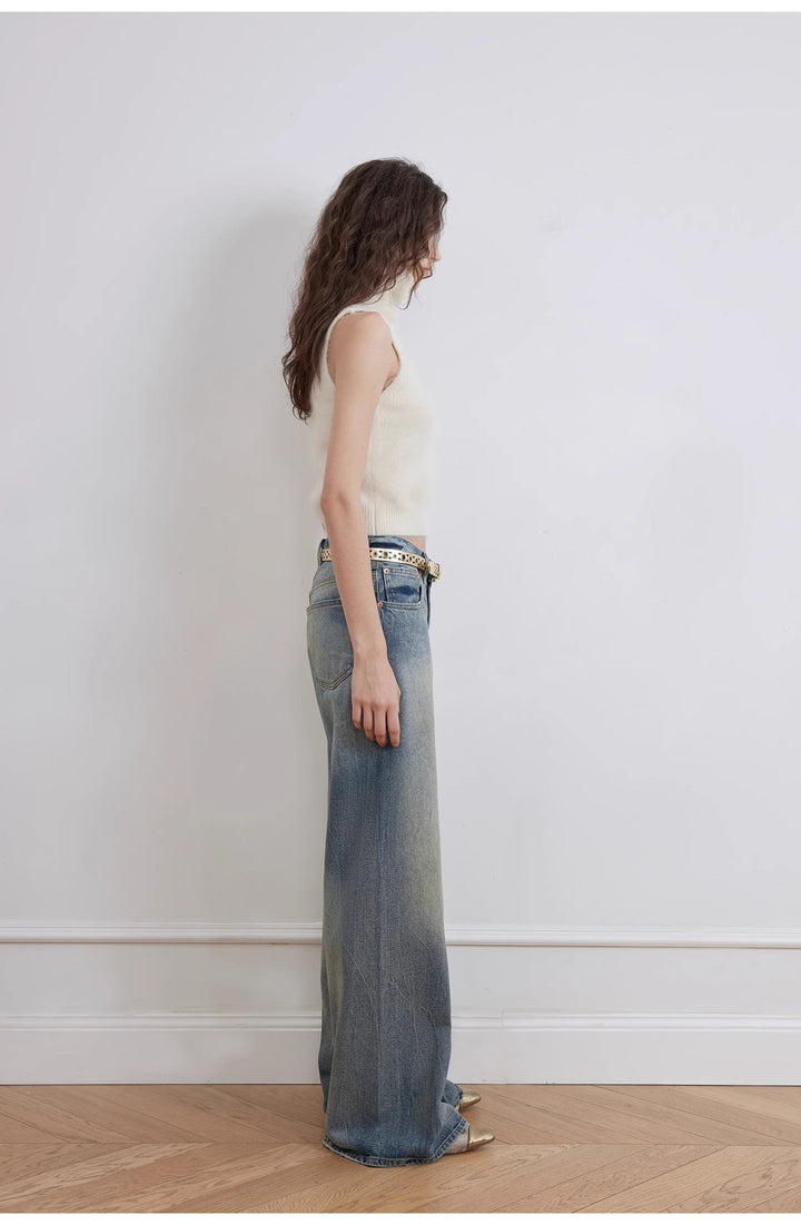 "Magic Dream" Retro Modern Washed Chicken Claw Wrinkled Jeans Women's Spacious Straight Wide Leg Pants by Firelady Fur