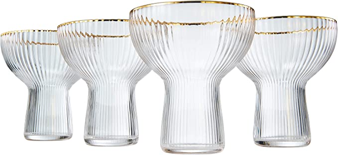 Ribbed Stemless Margarita Glasses with Gold Rim - Set of 4 (10 OZ)