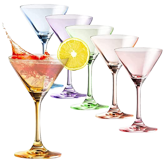Martini Glasses Set of 6 | 8oz | Crystal Luxury Martini Glass - Elegant Colors - Premium Hand-Blown | Art Deco Cocktail Colored Coupes For Manhattan, Cosmopolitan, Sidecar, Speakeasy - Stemmed Goblets by The Wine Savant