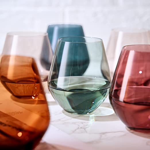 Colored Stemless Crystal Wine Glass Set of 6, Gift For Her, Him, Wife, Friend - Large 16 oz Glasses, Unique Italian Style Tall Drinkware - Red & White, Dinner, Color Beautiful Glassware - (Pastel) by The Wine Savant