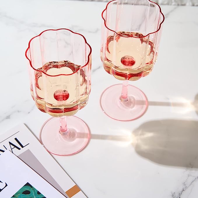 Flower Vintage Wine Glassware - Set of 2-13 oz (Pink)