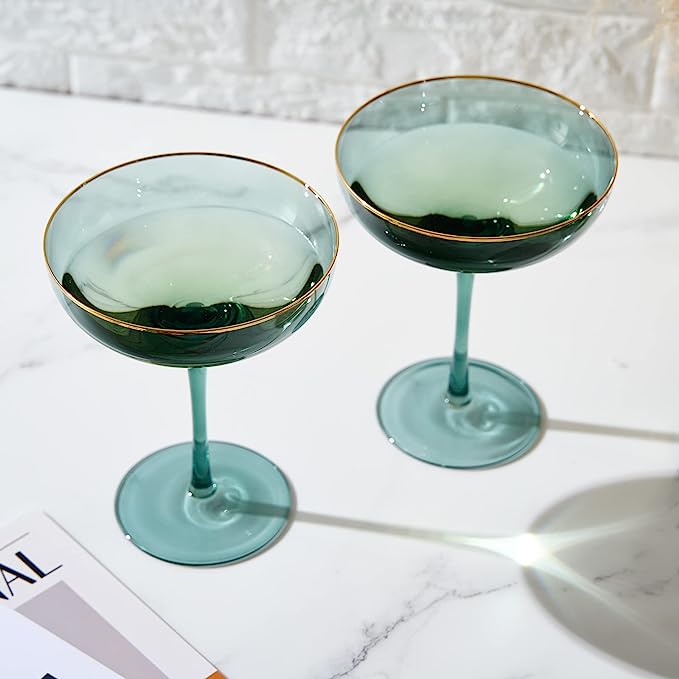 Colored Green & Gilded Rim Wine Glassware, Large 9oz (Coupe)