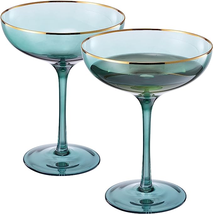 Colored Green & Gilded Rim Wine Glassware, Large 9oz (Coupe)