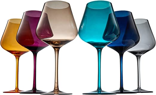 Jewel Colored Crystal Wine Glass Set of 6, Gift For Mothers, Her, Wife, Mom Friend - Large 20 oz Glasses, Unique Italian Style Tall Drinkware - Red & White, Dinner, Color Beautiful Glassware - (Jewel) by The Wine Savant