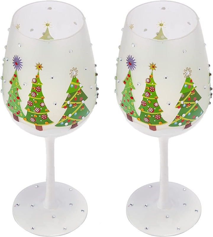 Set of 2 Stemmed Christmas Tree Design Wine Glasses - Hand Painted 14 oz Decorated Christmas Tree Glasses - Perfect for Wine, Champagne, Holiday Parties and Festivities - 8.75" High, 14 oz Capacity by The Wine Savant