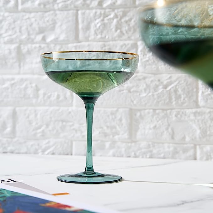 Colored Green & Gilded Rim Wine Glassware, Large 9oz (Coupe)