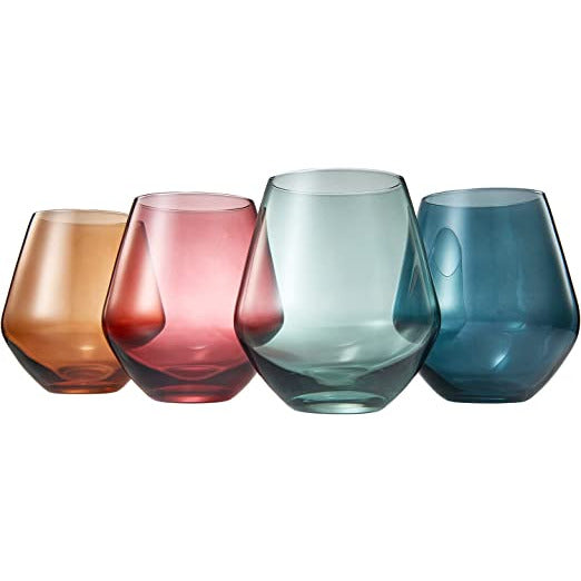 Colored Stemless Crystal Wine Glass Set of 4 - Large 16 oz (Pastel)