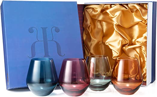 Colored Stemless Crystal Wine Glass Set of 4, Gift For Her, Him, Wife, Friend - Large 16 oz Glasses, Unique Italian Style Tall Drinkware - Red & White, Dinner, Color Beautiful Glassware - (Pastel) by The Wine Savant