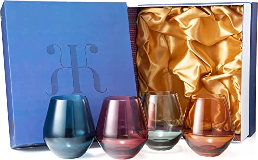 Colored Stemless Crystal Wine Glass Set of 4 - Large 16 oz (Pastel)