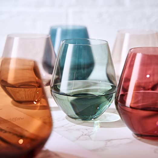 Colored Stemless Crystal Wine Glass Set of 4 - Large 16 oz (Pastel)