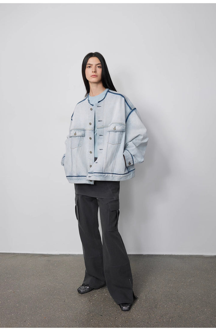 "Starry Sky Market" luxury brand classic washed cotton collarless raw edge denim jacket by Firelady Fur