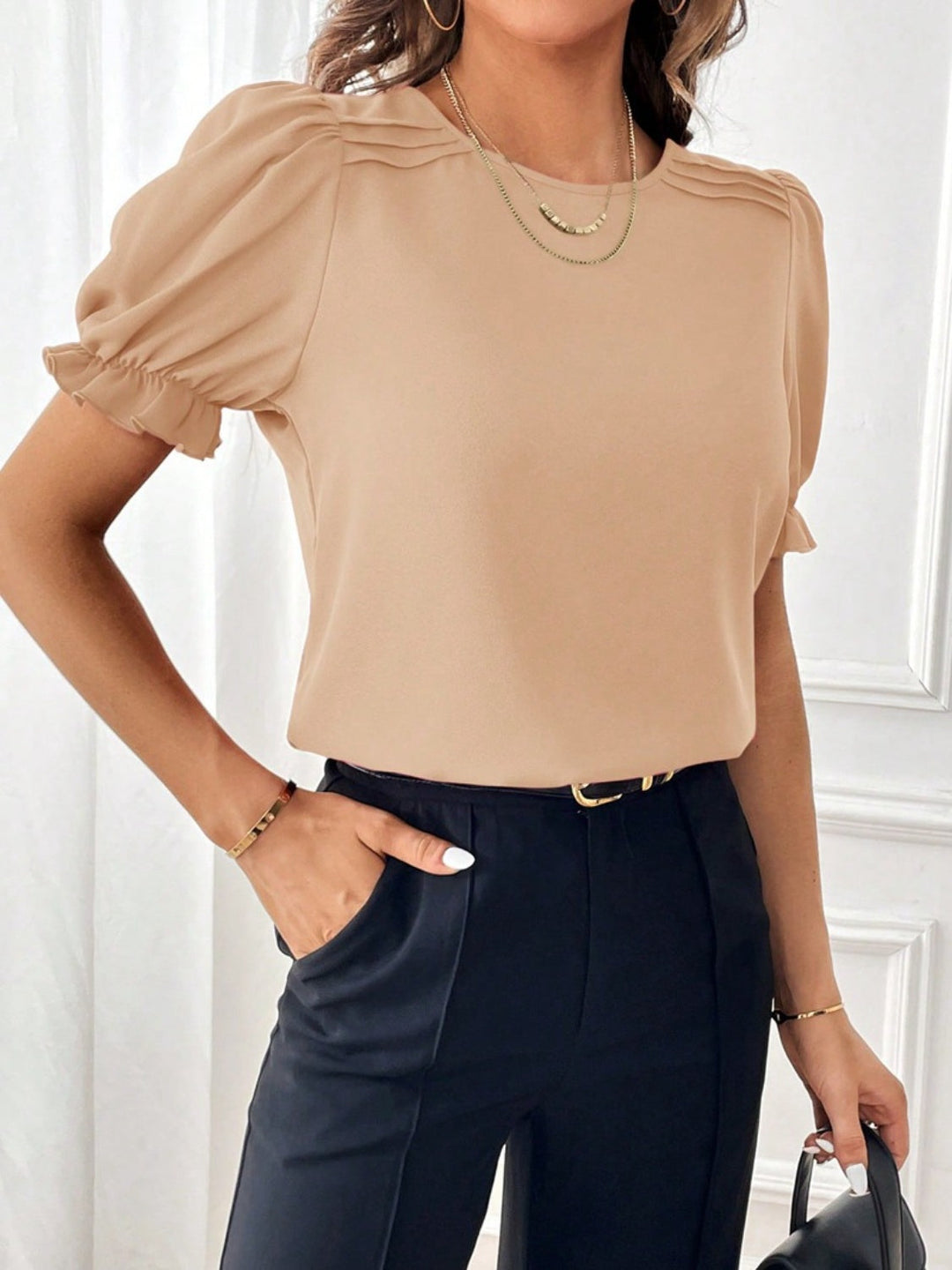Round Neck Flounce Sleeve Blouse by Coco Charli