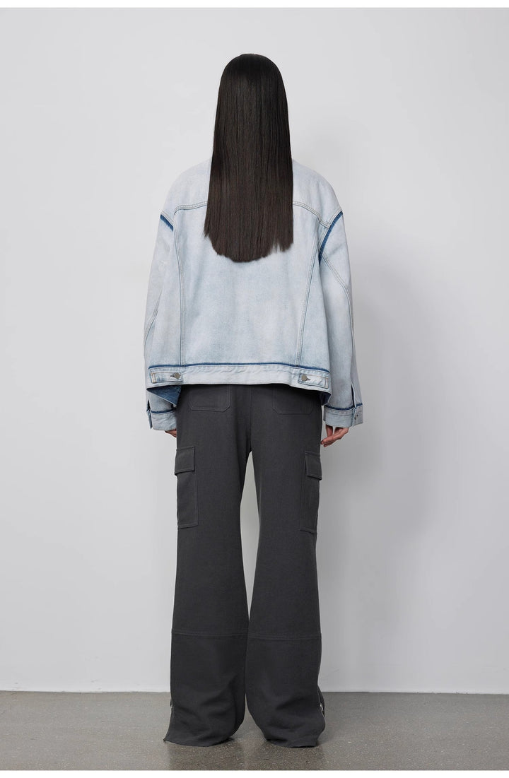 "Starry Sky Market" luxury brand classic washed cotton collarless raw edge denim jacket by Firelady Fur