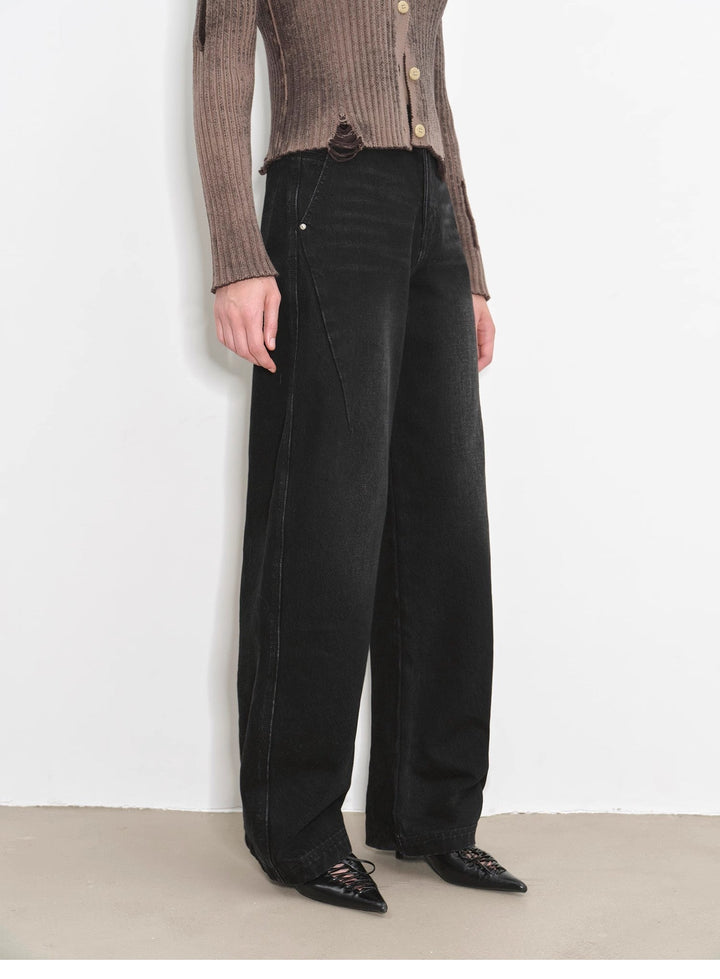 "Blue Island" heavy-duty distressed, slim and durable mid-rise curved knife cotton washed jeans by Firelady Fur