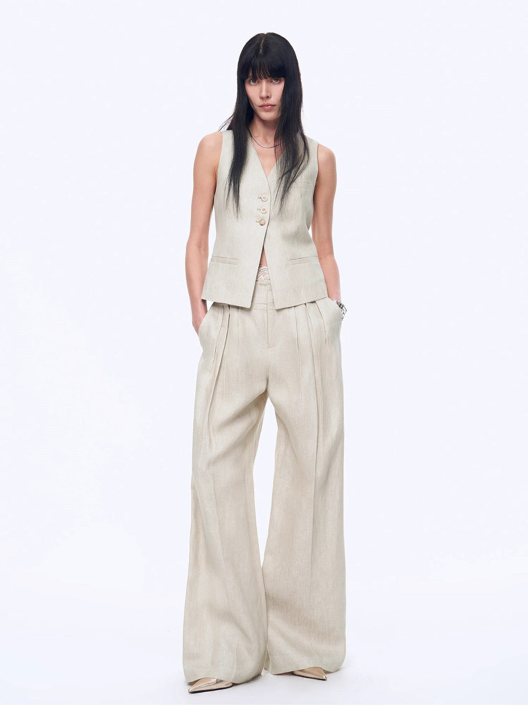 Fireladyfur Women's Linen Suit Set: Draped Vest & High-Waist Straight Trousers"Old Money Space" by Firelady Fur