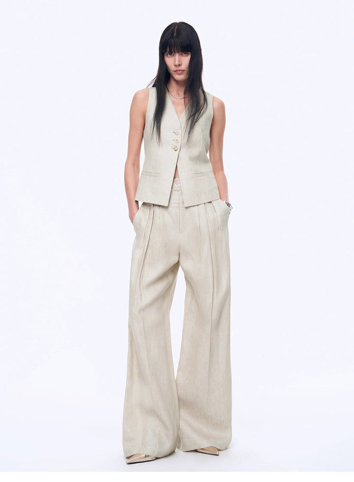 Fireladyfur Women's Linen Suit Set: Draped Vest & High-Waist Straight Trousers"Old Money Space" by Firelady Fur