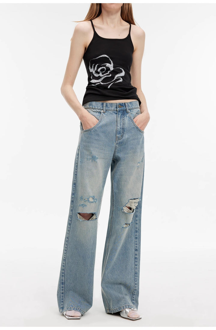 "Gray and Denim" stylish and personalized Turkish washed retro distressed holes straight flared jeans by Firelady Fur