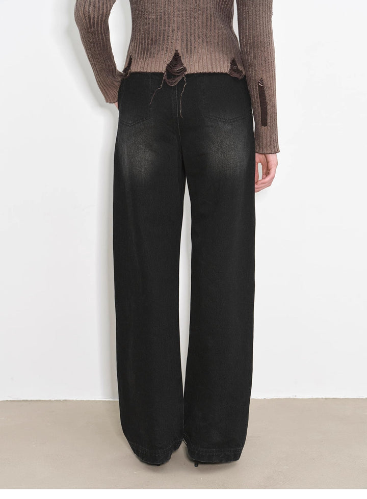 "Blue Island" heavy-duty distressed, slim and durable mid-rise curved knife cotton washed jeans by Firelady Fur