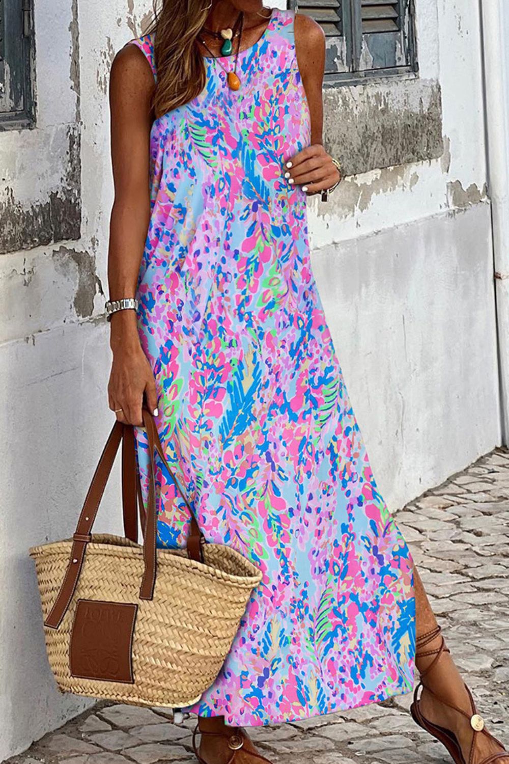 Slit Printed Wide Strap Maxi Dress by Coco Charli